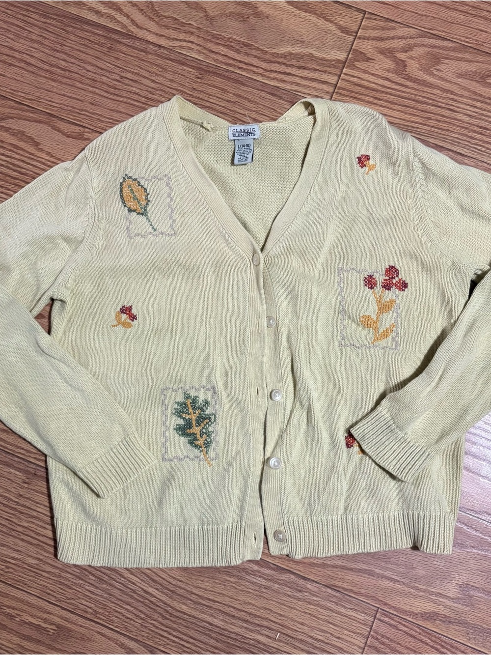 Vintage Classic Elements Woman Cardigan Large Yellow Knit Fall Leaves Granny